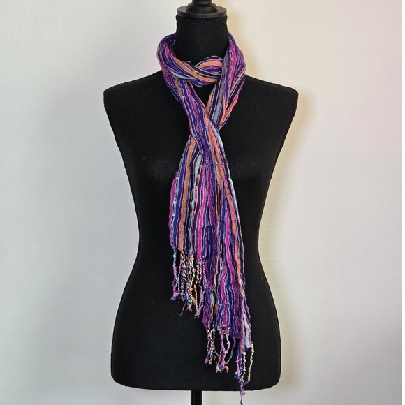 Accessories - Colorful Crinkle Stripe Fringe Scarf One Size bohemian hippie boho lightweight